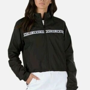VANS Windbreaker Jacket Women's Medium Black I Love My Vans Full Zip Crop‎